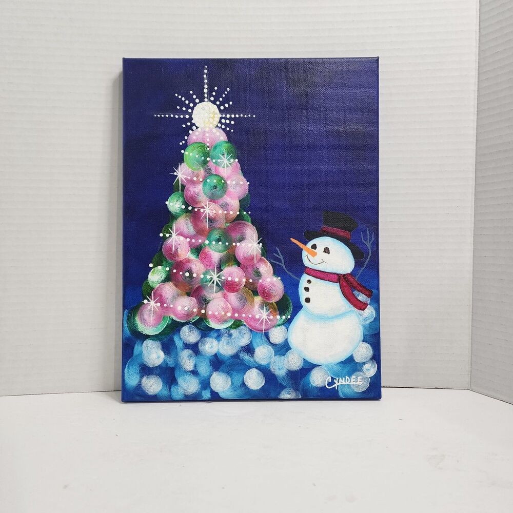 Acrylic Painting On Canvas Snowman and Christmas Tree Pastel Colors 9" W X 12" T